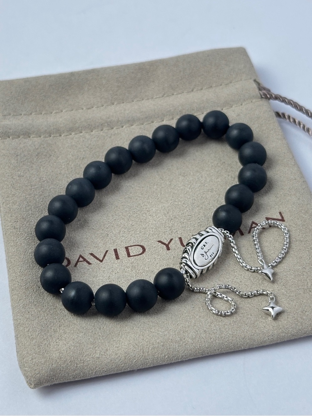 David Yurman Sterling Silver Matte Onyx Spiritual Beads Bracelet Adjustable